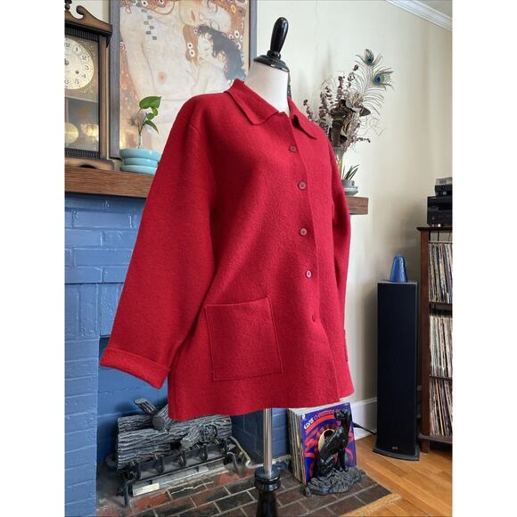 EILEEN FISHER 1X Woman 100% Wool Red Cardigan Sweater Coat Shaket Boiled Felted - Picture 3 of 16